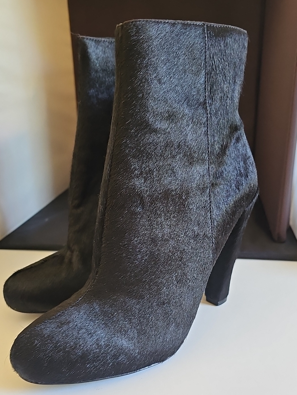 Theory Debra Black Calf Hair Heeled Ankle Boots Size 39.5 US 9-9.5